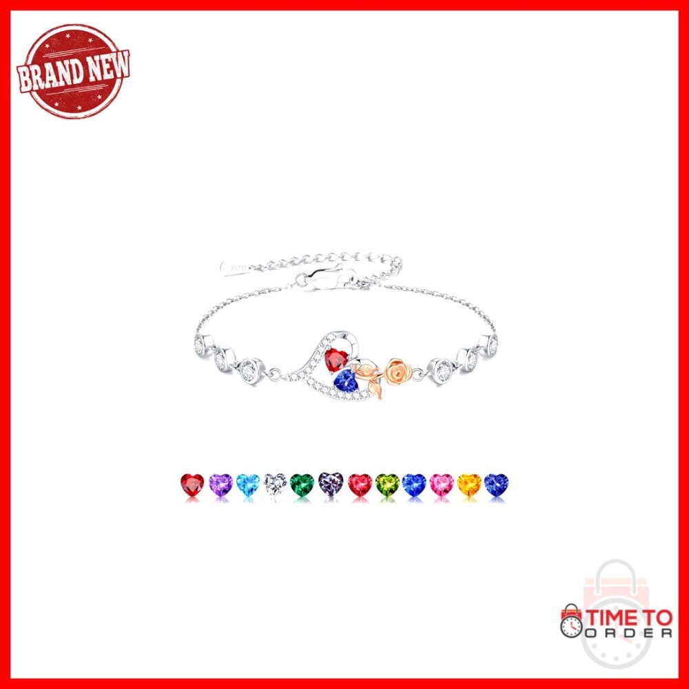 Sterling Silver Rose Heart Birthstone Bracelet, Adjustable 6+2 Inches